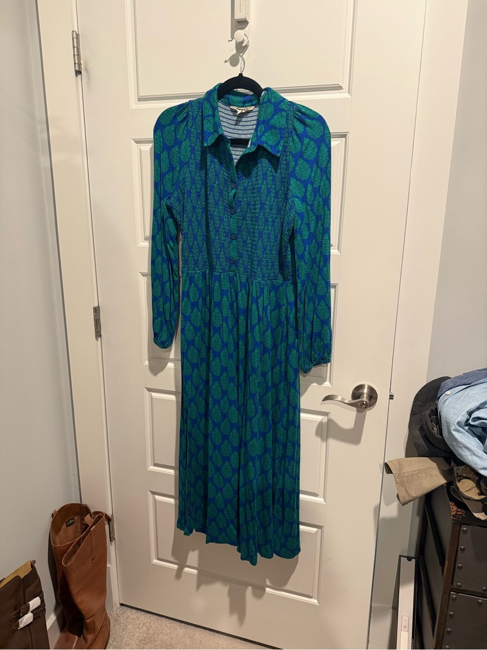 Boden Green and Blue Long Sleeve Shirt Dress